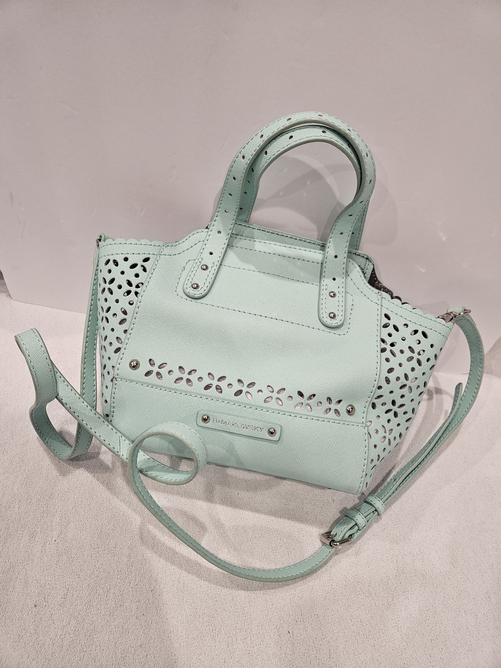 B. Makowsky Perforated Saffiano Mini Tessa Leather Tote Handbag Beach Glass Mint